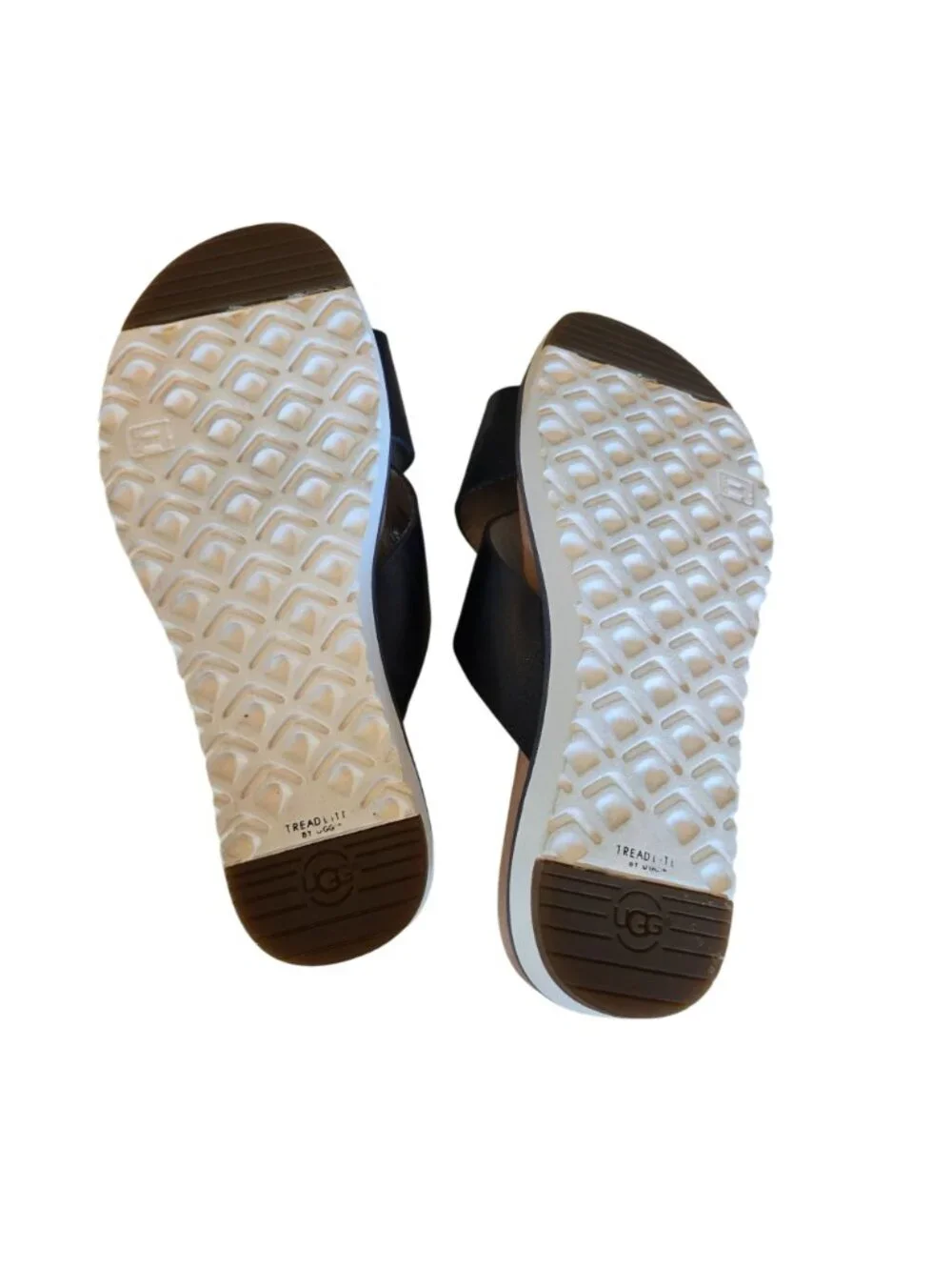 UGG Women's Leather Navy Cross-Strap Slide Sandals With White Sole Size 6